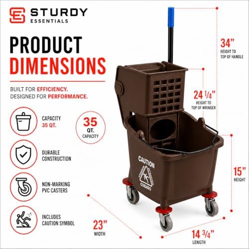 Commercial Mop Bucket with Wringer on Wheels | Brown 35 Quart - Image 2