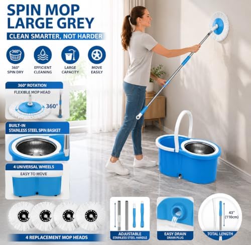 Spin Mop and Bucket with Wringer, 4 Refill Heads - Image 4