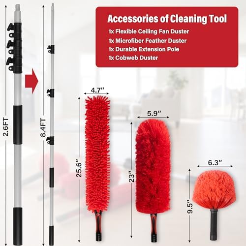 8 FT Cobweb Duster with Extension Pole, 12 FT High Reach Ceiling Fan Cleaner - Image 2
