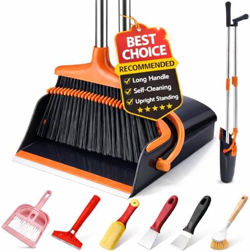 Broom and Dustpan Set with Long Handle, Upright Standing Self-Cleaning Combo by Meijubolstrivetomakeyourlifeeasier
