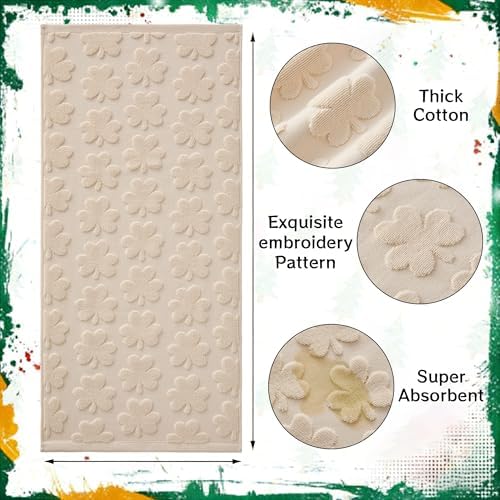 2 Pack Patricks Day Hand Towels Beige Clover Cotton Bathroom Towel Decorative - Image 6
