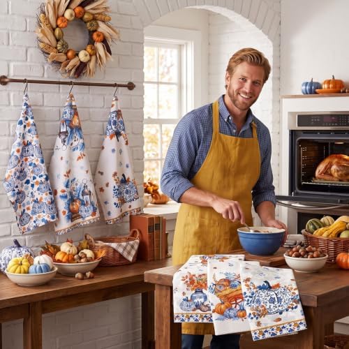 6 Pack Blue White Chinoiserie Fall Kitchen Towels Pumpkin Hand Towels - Image 3