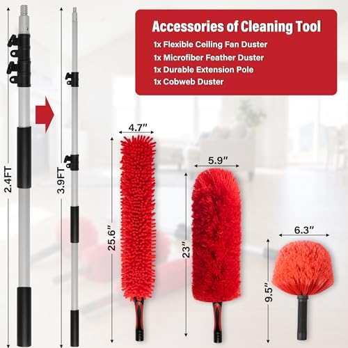 4 FT Duster with Extension Pole, 8 FT High Reach Ceiling Fan Cleaner Duster - Image 2