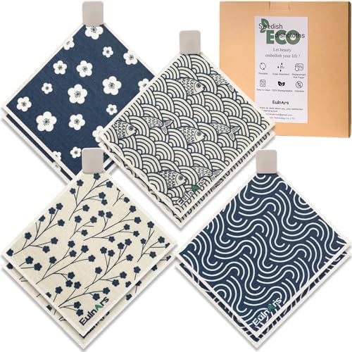 Eulnars Swedish Dishcloths for Kitchen, 8 Pack Japanese Pattern Reusable Paper by Eulnars
