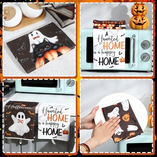 Bencailor 6 Pcs Halloween Kitchen Towels, Spooky Ghost Pumpkin Dish Towel - Image 4