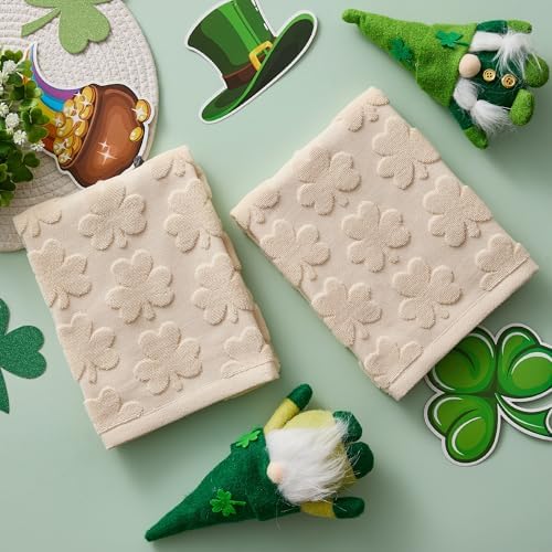 2 Pack Patricks Day Hand Towels Beige Clover Cotton Bathroom Towel Decorative - Image 5
