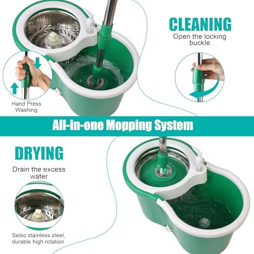 Spin Mop and Bucket with Wringer Set, 3 Microfiber Mop Heads - Image 4