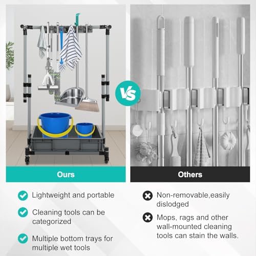 Rolling Cleaning Cart with Mop & Broom Organizer, Movable Floor-Mounted Mop - Image 5