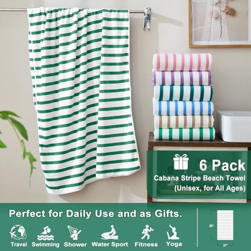 JML Microfiber Beach Towels, 6 Pack, Cabana Stripe Green - Image 2