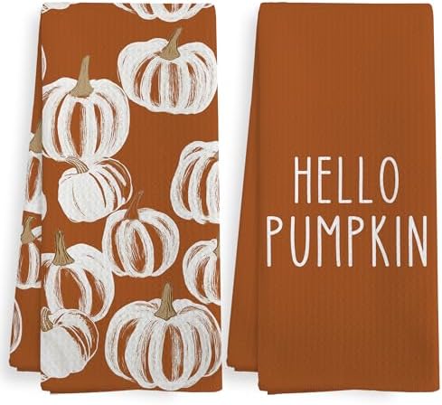 Fall Hello Pumpkin Kitchen Towels and Dishcloths Sets of 2, Fall Burnt Orange by XNXLDYLH