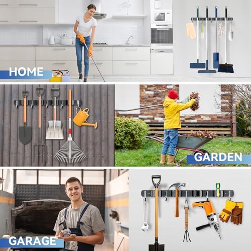 ZONGOOL Wall Mount Broom Holder 4 Racks 5 Hooks Metal Tool Organizer Black - Image 7
