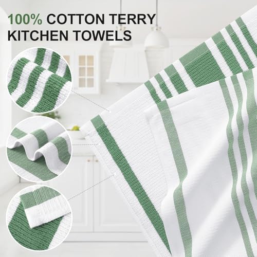 Homaxy Premium Cotton Stripe Kitchen Towels 3 Pack, Grass Green - Image 2