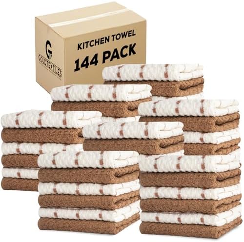 GOLD TEXTILES Kitchen Towels 144 Pack Premium 100% Cotton Dish Towels by GOLDTEXTILES