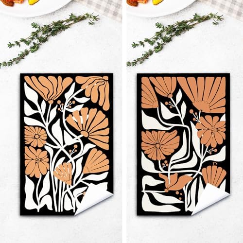 Abstract Boho Black and Beige Brown Floral Kitchen Towels Set of 2, 70s Retro - Image 4