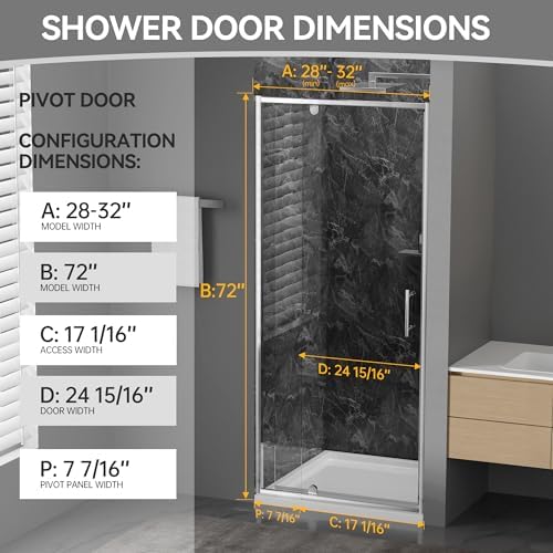 Findepot 28-32" W x 71" H Pivot Glass Shower Door, Retractable Rail - Image 2