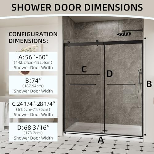 ACE DECOR Frameless Double Sliding Shower Door, 56-60"W x 74"H, Matte Black - Image 2