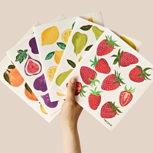 RECYCO Swedish Dishcloths for Kitchen | 5 Pack Fruit Grove Washable Dish Rags | by RECYCOHOMECOLLECTION