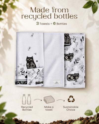 3pcs Double-Sided Waffle Kitchen Towels, Line Art Cat - Image 2