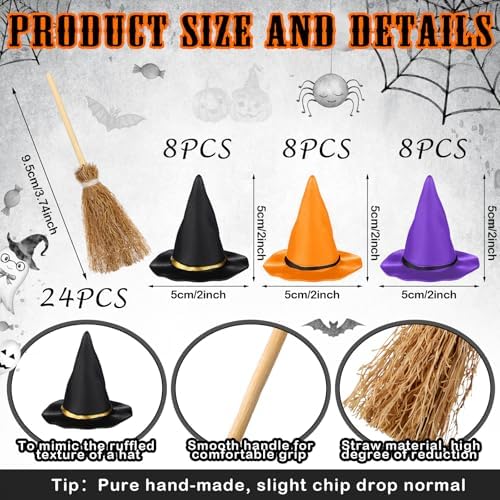 WinnerWhy 48 Pcs Mini Witch Hat Broom Set, 1.97 Inches - Image 3