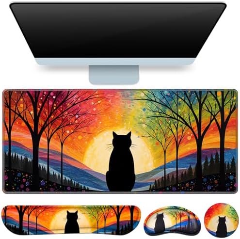 Mouse Pad with Wrist Rest Black Cat, 4-in-1 Large Mousepad Keyboard by QOMOLAMA