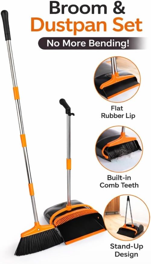 Long Handle Broom and Dustpan Set, Upright Standing Combo, Heavy Duty - Image 3
