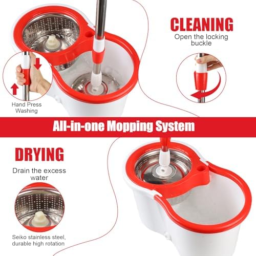 Spin Mop and Bucket with Wringer Set, 6 Microfiber Mop Heads - Image 4