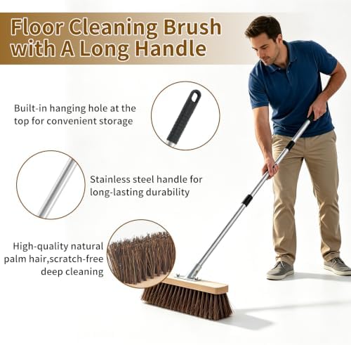 Heavy Duty Deck Brush with Long Handle, Stiff Natural Palmyra Bristles - Image 2