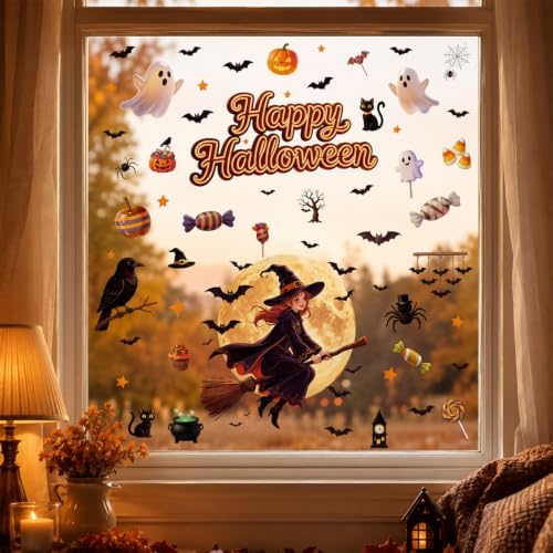 8 Sheets Halloween Window Clings Vintage Ghost Evil Pumpkin Bat Black Cat - Image 6
