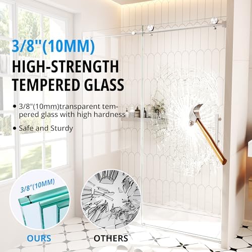 56"-60"W x 76"H Frameless Shower Door, 3/8"Tempered Glass, Brushed Nickel - Image 2