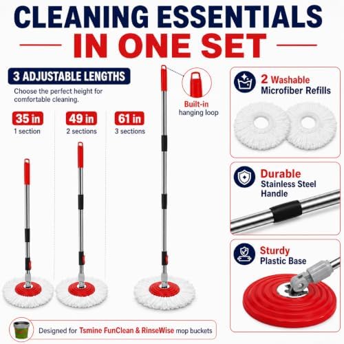 Extendable Mop Handle Set with 2 Microfiber Heads and Mop Plate - Image 5