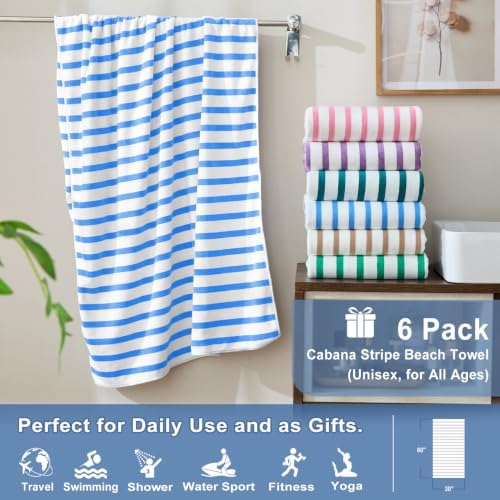 JML Microfiber Beach Towels, 6 Pack, Stripe Blue and White - Image 2