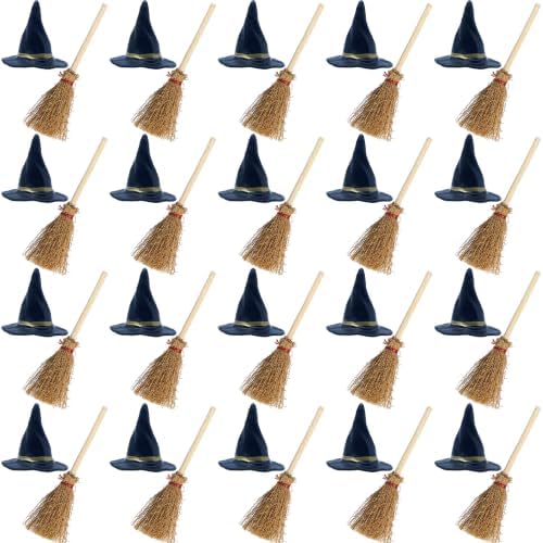 40Pcs Miniature Witch Hat and Straw Broom Set by Unknown