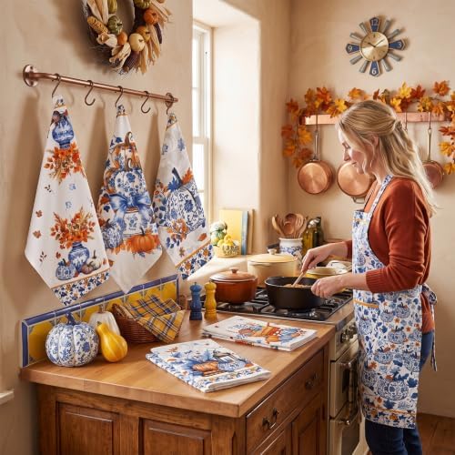 6 Pack Blue White Chinoiserie Fall Kitchen Towels Pumpkin Hand Towels - Image 5