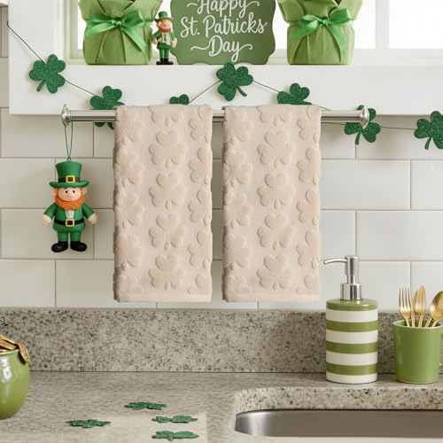 2 Pack Patricks Day Hand Towels Beige Clover Cotton Bathroom Towel Decorative - Image 2
