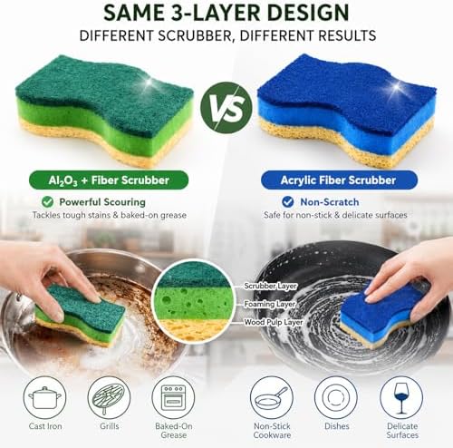 Kitchen Sponges, Plant-Based Cellulose + PET Scrub Sponge Set, Scratch & Non- - Image 6