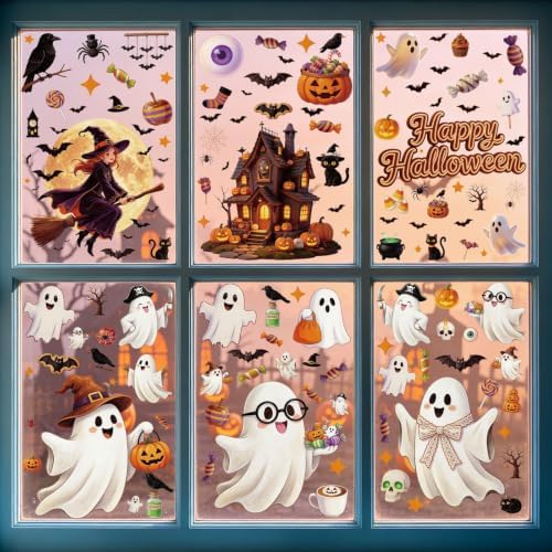 8 Sheets Halloween Window Clings Vintage Ghost Evil Pumpkin Bat Black Cat - Image 7