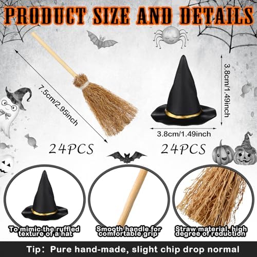 WinnerWhy 48 Pcs Mini Witch Hat Broom Set, 1.5 Inches - Image 3