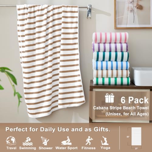 JML Microfiber Beach Towels Set, 6 Pack, Cabana Stripe Coffee - Image 2