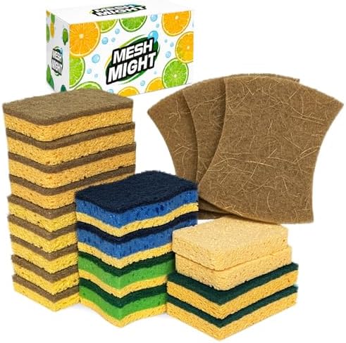 Kitchen Sponges, Plant-Based Cellulose + PET Scrub Sponge Set, Scratch & Non- by MeshMight20longerlasting