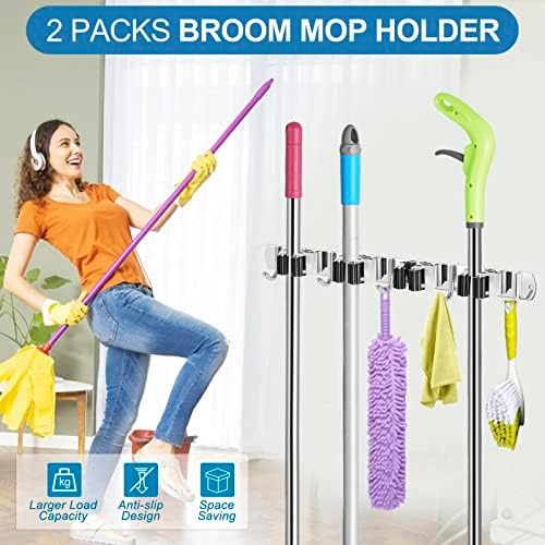 IMILLET 2 Pack Broom Holder Wall Mount Stainless Steel Mop Organizer - Image 7