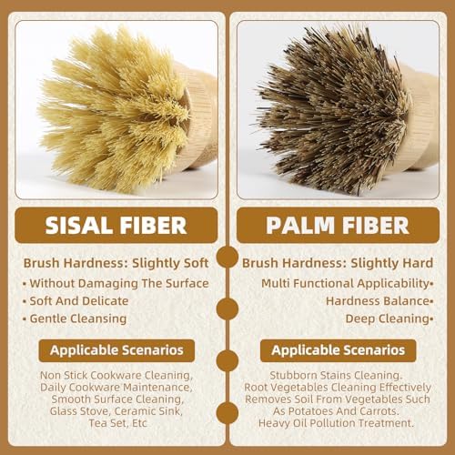 4 Pack Bamboo Dish Brush Set, Natural Palm Dish Scrubber - Image 4