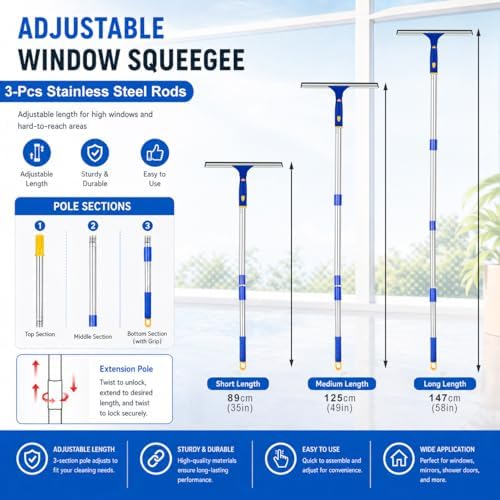 Window Squeegee with Extension Pole, Separate 12" Squeegee & 11" Microfiber - Image 3