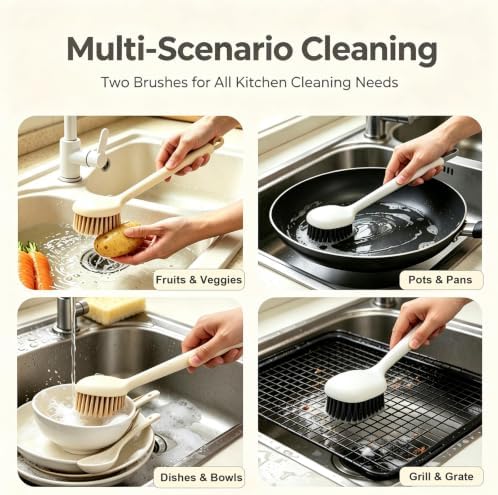 Dish Scrub Brush 2-Pack, Long Handle Pot Pan Scrubber, Angled Head - Image 6