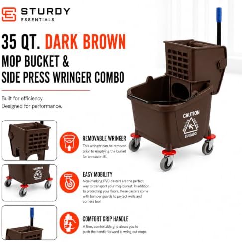 Commercial Mop Bucket with Wringer on Wheels | Brown 35 Quart - Image 4