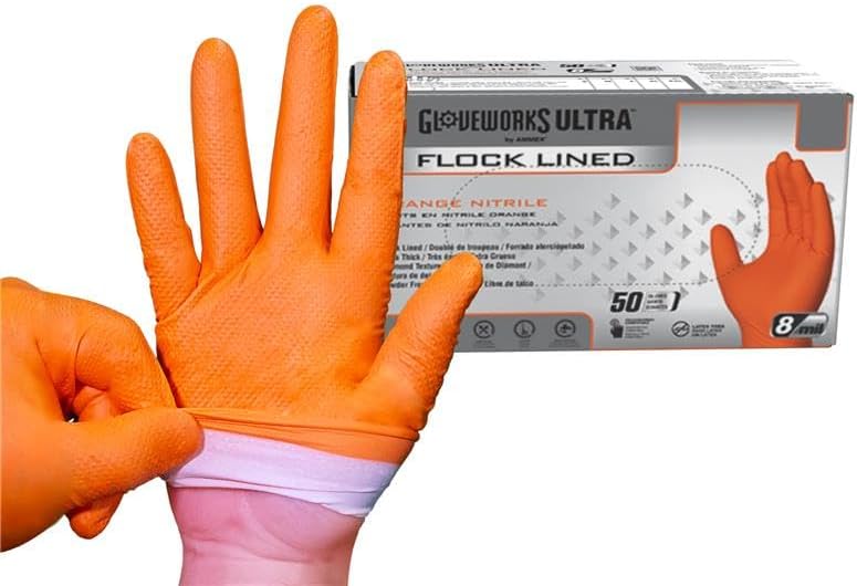 GLOVEWORKS Industrial Orange Disposable Gloves, Flock-Lined Nitrile Gloves by GLOVEWORKS