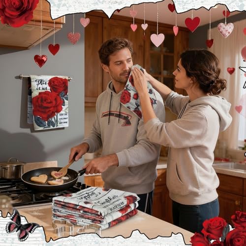 Breling 6 Pack Valentine Red Rose Kitchen Towels Vintage Floral 14 X 21 in - Image 3