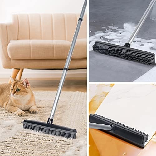 Rubber Broom with Squeegee Fur and Long Handle, Carpet Rake and Lint Brush Set - Image 2