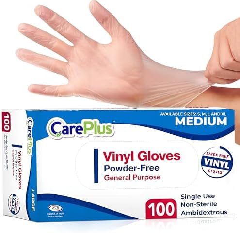 CARE PLUS Vinyl Gloves Clear Medium, Disposable Latex Free by CarePlus