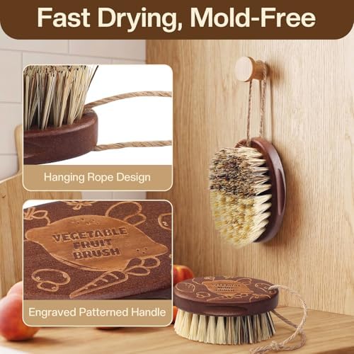 Vegetable and Fruit Cleaning Brush Scrubber Beechwood Handle Fruits Veggie Wash - Image 7