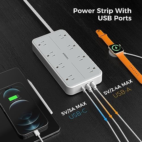 TESSAN Power Strip Surge Protector, 15FT Flat Plug Extension Cord - Image 5